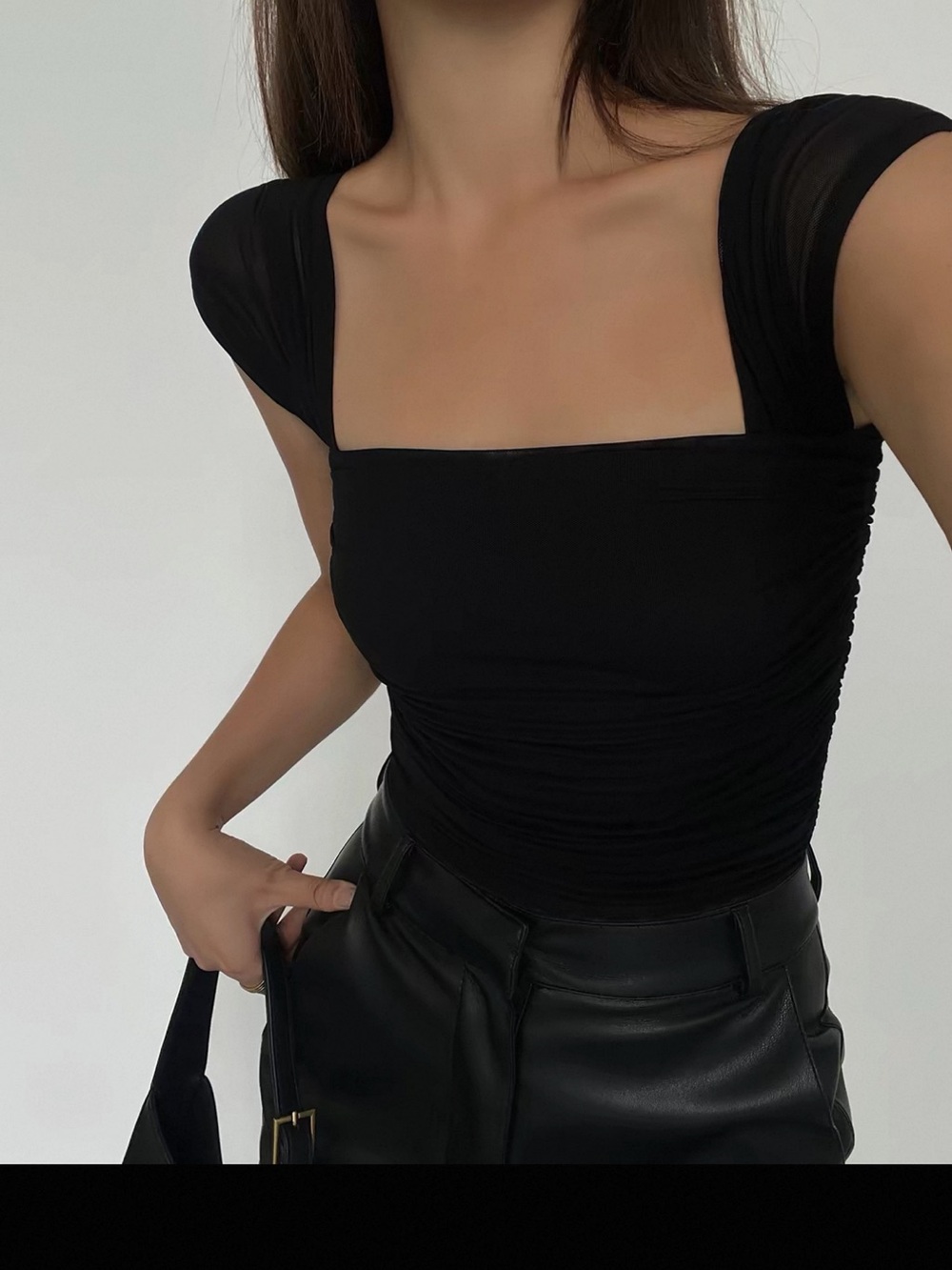 Square Neck Cap Sleeve Black Top